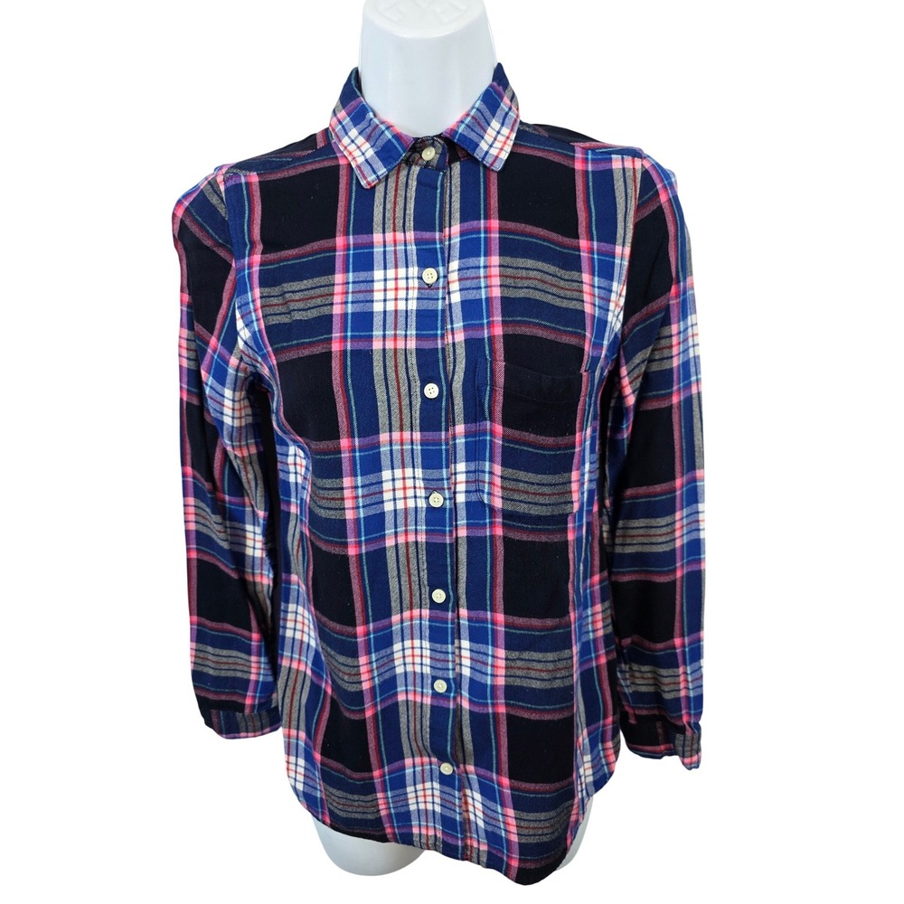 Old Navy Plaid Flannel Button Shirt Womens XS Blue Pink White Pocket Soft /B122